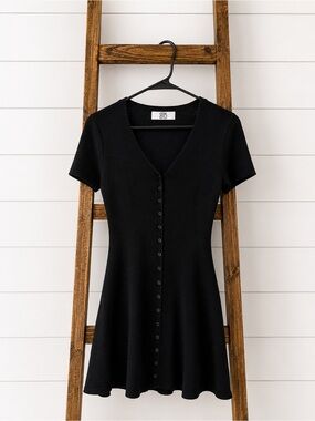 Black Short-Sleeve V-Neck Button-Front Mini Dress